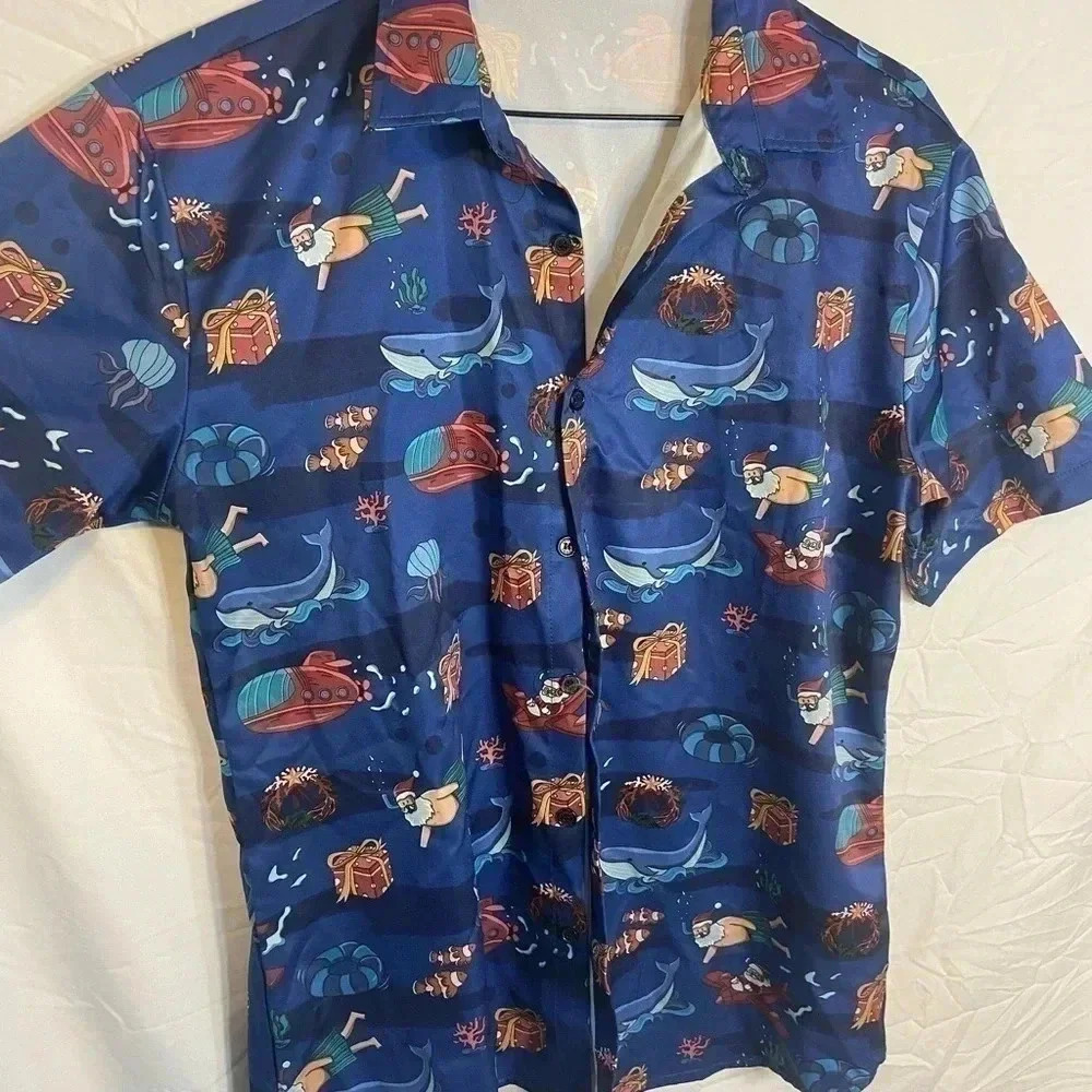 Men's Medium Jogal Holiday Santa Short Sleeve Casual Button Up Shirt Christmas - Picture 1 of 5